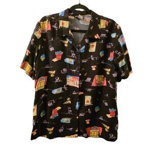 Vtg 90s Tropical Travel Location Button Up Shirt Cruise Vacation Womens Size L